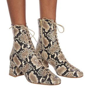 BY FAR Becca beige black snakeskin embossed leather lace up boots